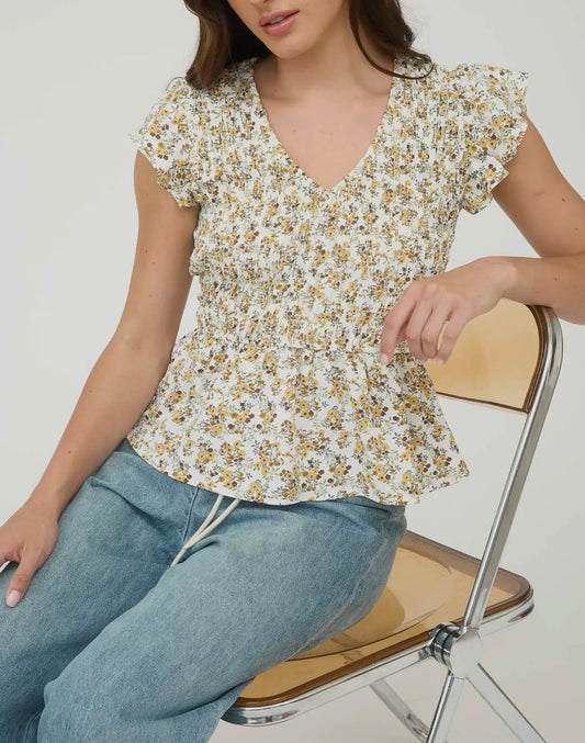 Floral Smocked V Neck